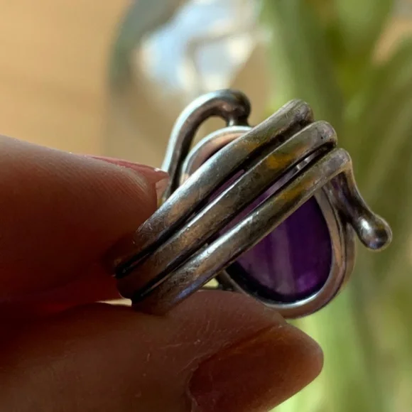 VINTAGE DESIGNER PURPLE OVAL AMETHYST CABOCHON STERLING SILVER RING HEAVY CHUNKY